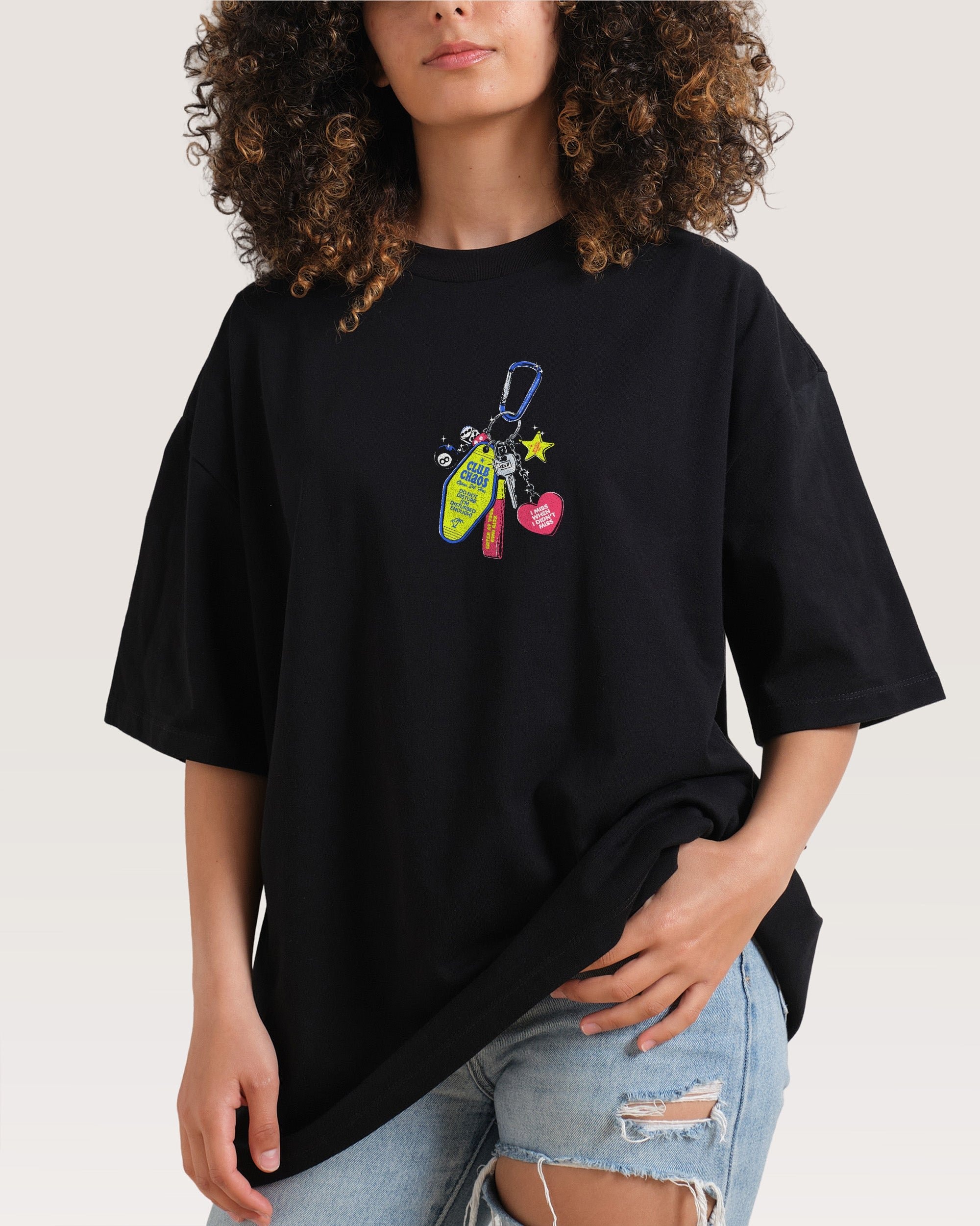 Club Chaos Key Chain Oversized Graphic Tee Unisex 90s Boxy Fit 100% Combed Cotton