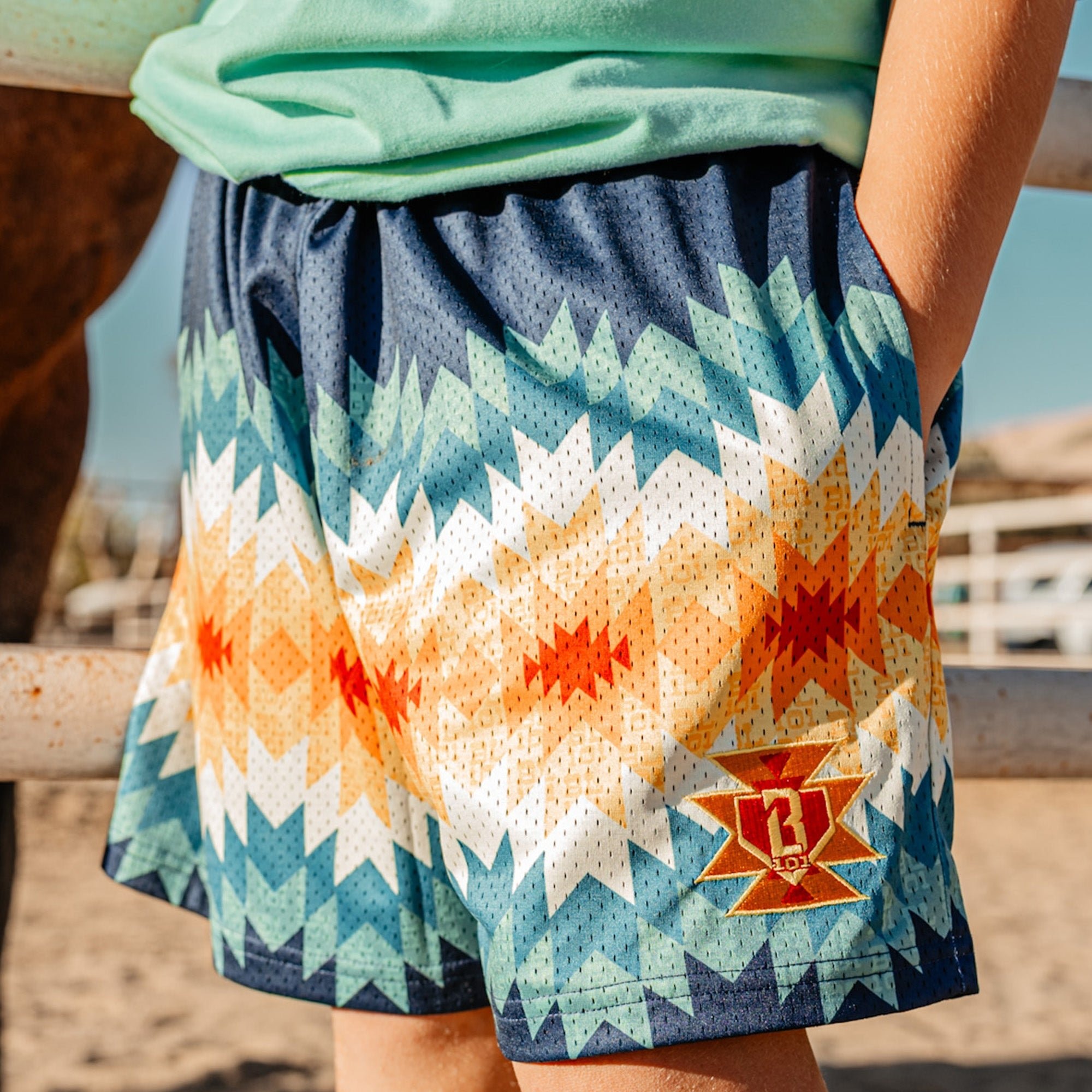 Saloon Series Men's Mesh Shorts - Sunset Gradient Western Pattern, 5" Inseam