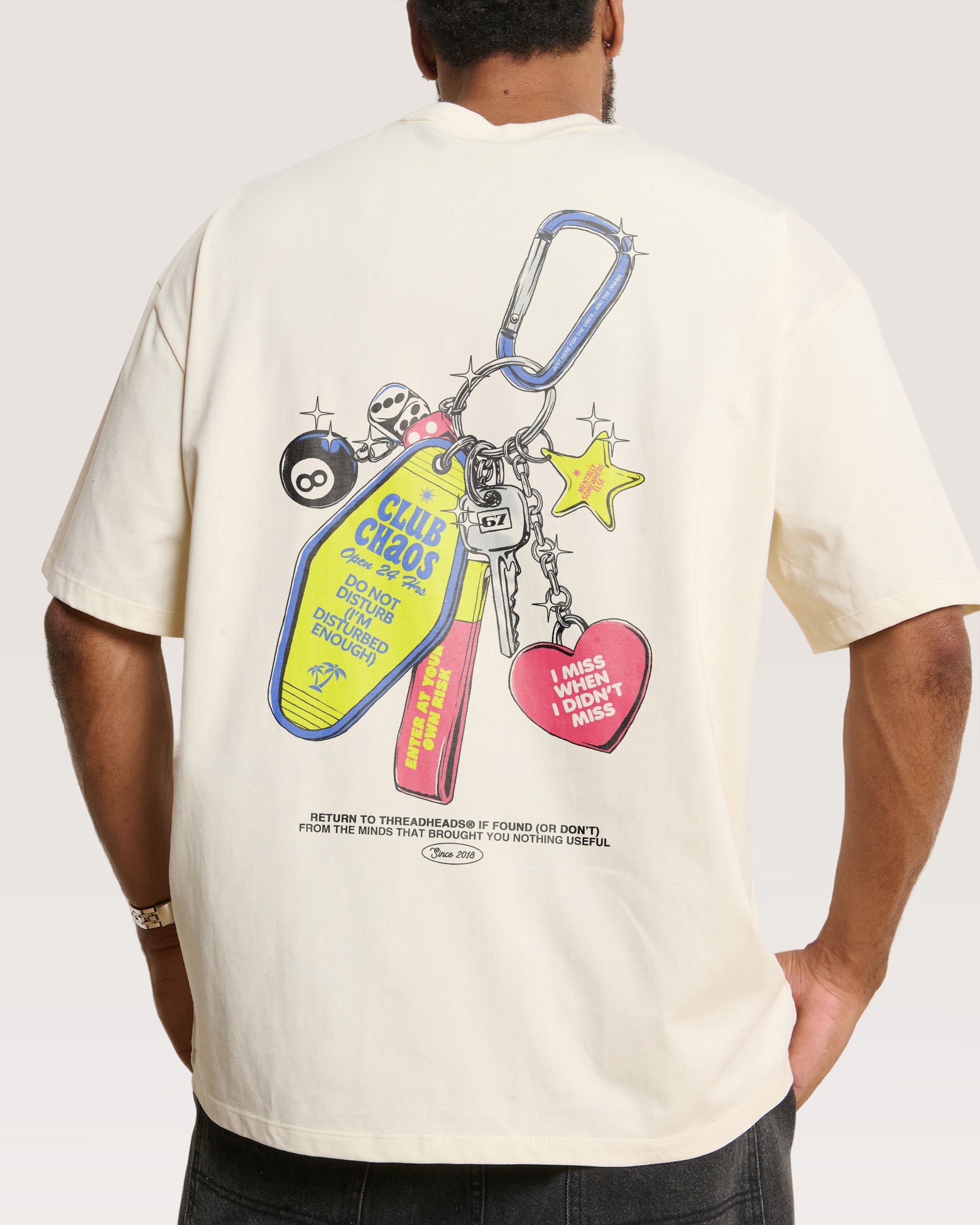 Club Chaos Key Chain Oversized Graphic Tee Unisex 90s Boxy Fit 100% Combed Cotton